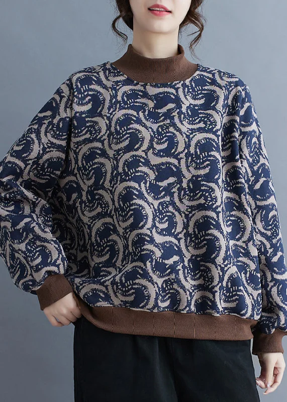 women's tops for everyday eleganceBoho Navy Print Patchwork Warm Fleece Sweatshirt Top Spring