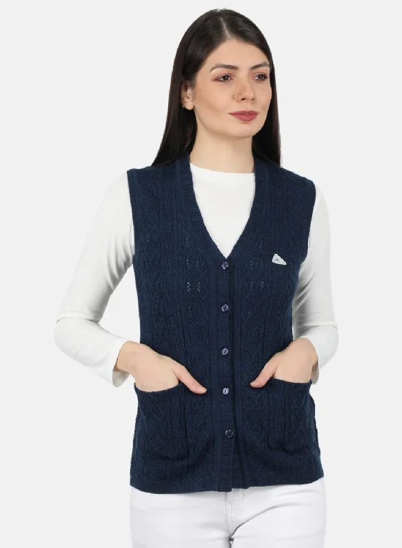 Plus-Size Flannel SweatersWomen Navy Blue Self Design Cardigan