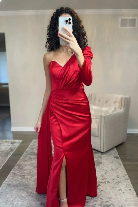 halter prom dressesAsymmetrical Red One-Sleeve Mermaid Long Prom Dress with Slit Y6236