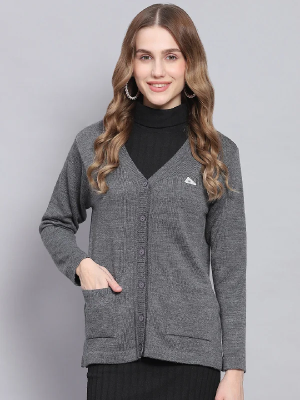 Stylish Trendy Pullover SweatersWomen Grey Melange Solid V Neck Full Sleeve Cardigans