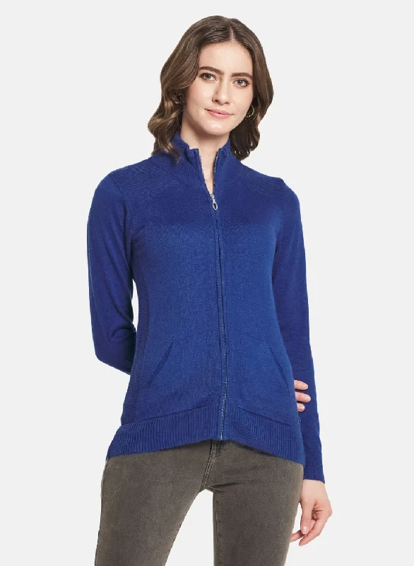 Turtle-Neck SweatersWomen Blue Solid Cardigan