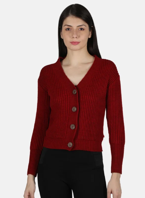 Stylish Trendy Pullover SweatersWomen Maroon Self Design Cardigan