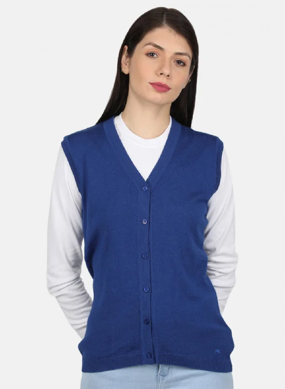 Fitted SweatersWomen Blue Solid Cardigan