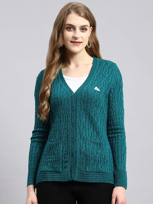 Casual SweatersWomen Green Self Cardigan