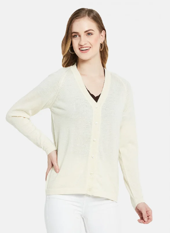 Men's SweatersWomen Off White Solid Cardigan