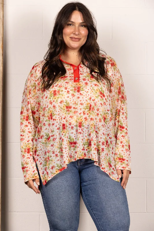 women's tops for evening soireesRED MANDARIN COLLAR FLORAL PRINT PLUS SIZE TOP T7538