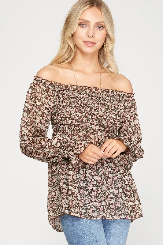 women's tops with sheer overlaysBROWN FLORAL PRINT OFF-SHOULDER SMOCKED WOVEN TOP S8SS6690