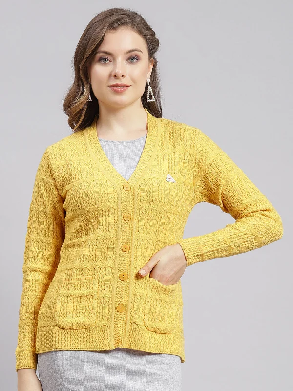 Elegant SweatersWomen Yellow Self Design Wool blend Cardigan