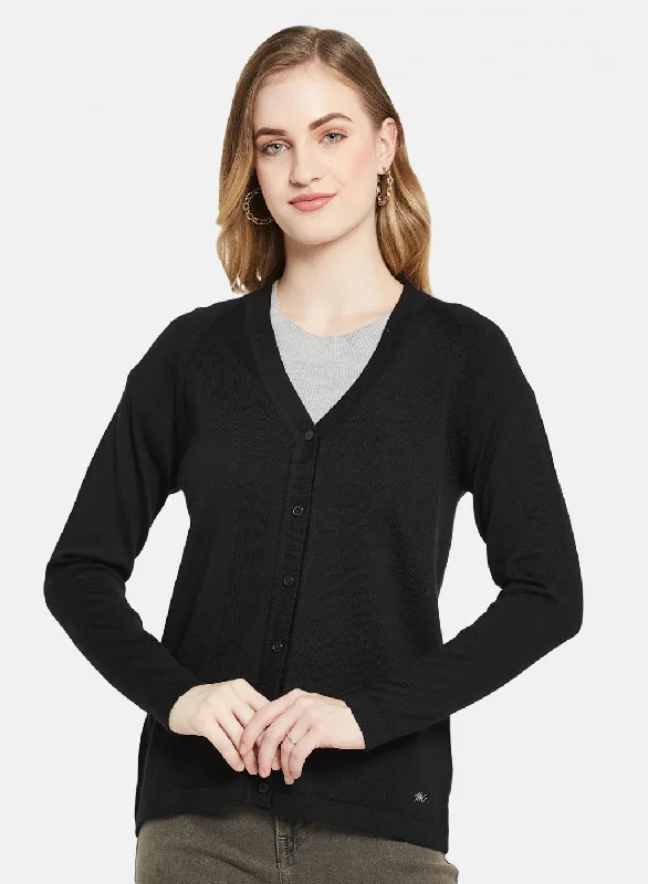 Turtle-Neck Wool SweatersWomen Black Solid Cardigan