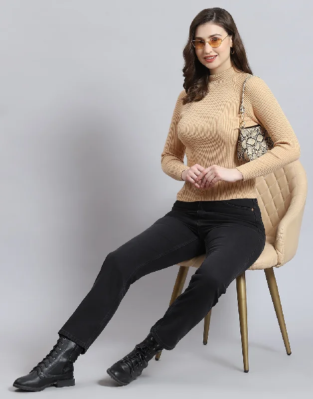 Cozy Custom Embellished SweatersWomen Brown Solid H Neck Full Sleeve Sweater