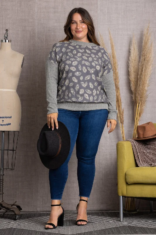 women's tops for those who want to add a touch of sophistication to their casual attireGREY LEAVES PRINT RIB CONTRAST PLUS SIZE TOP-TP1952