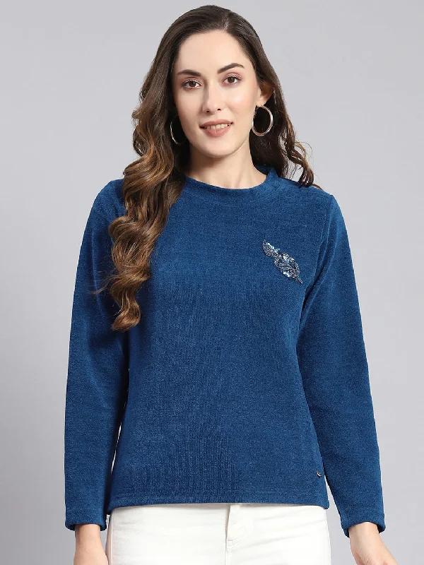 Soft SweatersWomen Blue Embroidered Round Neck Full Sleeve Sweater