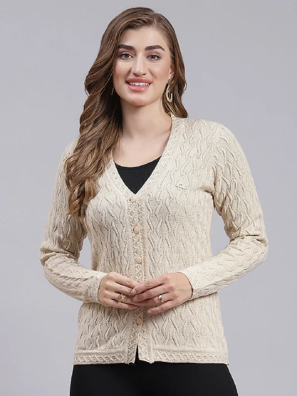 Patterned SweatersWomen Beige Self Design Wool blend Cardigan