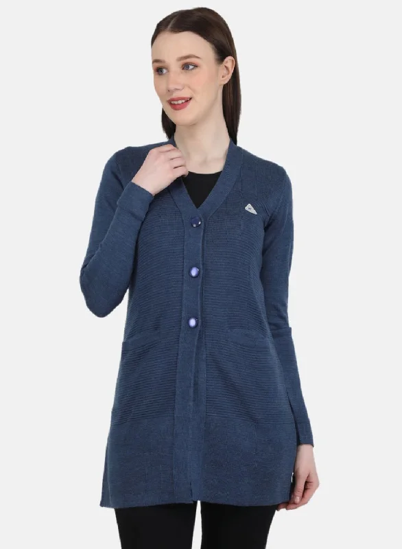 Designer SweatersWomen Blue Self Design Cardigan