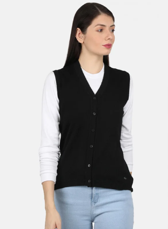 High-Neck SweatersWomen Black Solid Cardigan