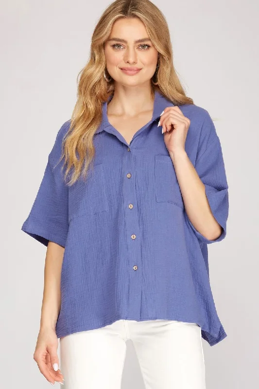 women's tops in solid colorsVIOLET BLUE COLLARED SHORT SLEEVES BUTTON DOWN WOVEN TOP S8SY3388