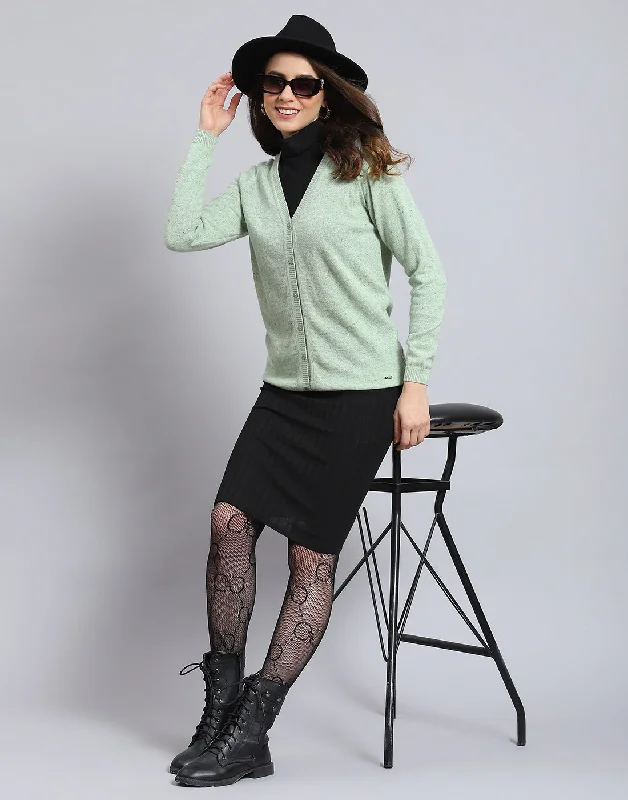 Oversized Patterned Cashmere SweatersWomen Green Solid V Neck Full Sleeve Cardigan