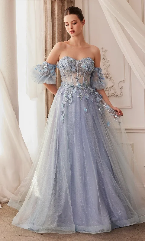 prom dresses with lace appliquésStrapless Puff-Sleeve Long Prom Dress A1108