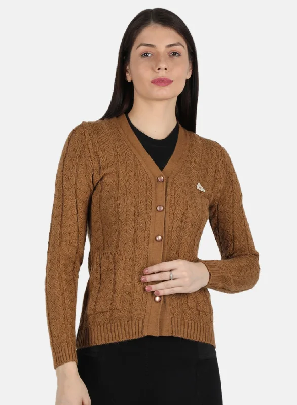 Cozy Custom Embellished SweatersWomen Brown Self Design Cardigan