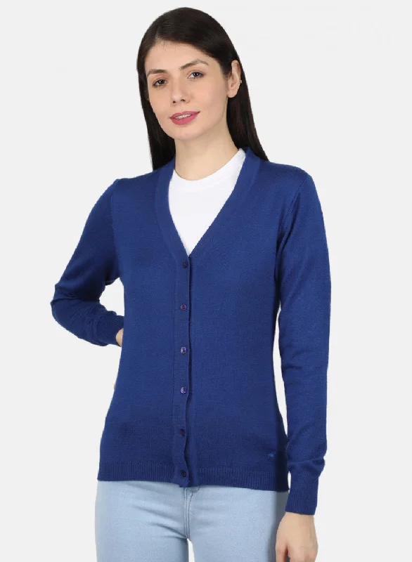 Vintage Flannel SweatersWomen Royal Blue Solid Cardigan