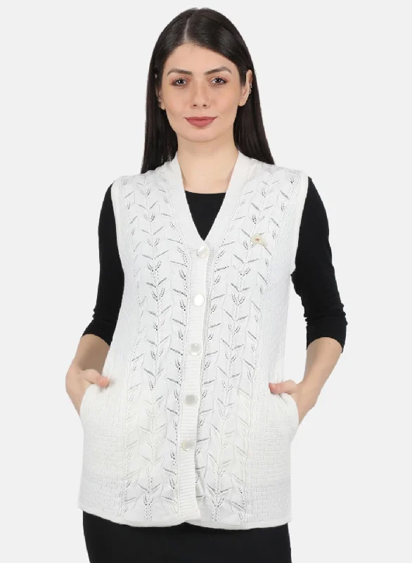 Pullover Chunky SweatersWomen White Self Design Cardigan