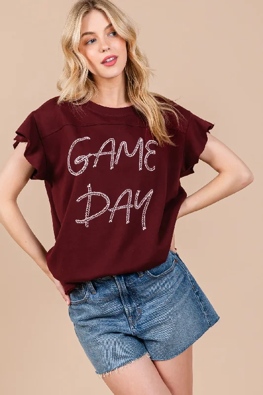 women's tops for those who want to add a touch of elegance and sophistication to their everyday wearCRIMSON GAME DAY PRINT RUFFLED SLEEVES TOP CFTT3656SPA