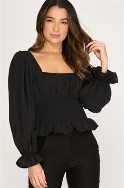 women's tops for business casual attireBLACK PUFF SLEEVES SMOCKED WAIST BACK DETAILED WOVEN TOP S8SS8588