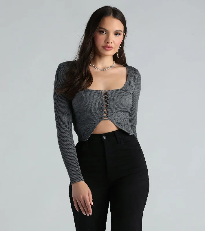 women's tops with spaghetti straps and deep V-necksCute Flair Lace-Up Sweater Crop Top