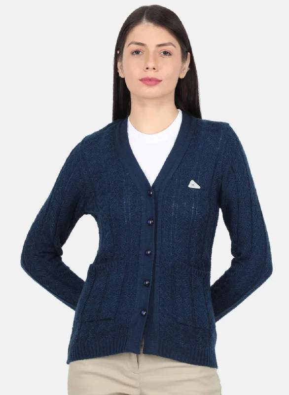 Flannel Knitted Crewneck SweatersWomen Navy Blue Self Design Cardigan