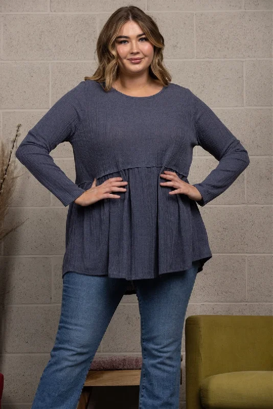 women's tops for those who want to create outfits that are both trendy and timelessGREY BABYDOLL KNIT PLUS SIZE TOP -T8336PLC