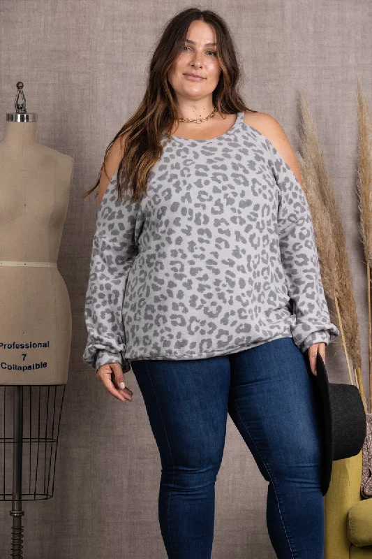 women's tops for fashion-forward individualsCHARCOAL LEOPARD PRINT COLD SHOULDER PLUS SIZE TOP-CT43644F-PL