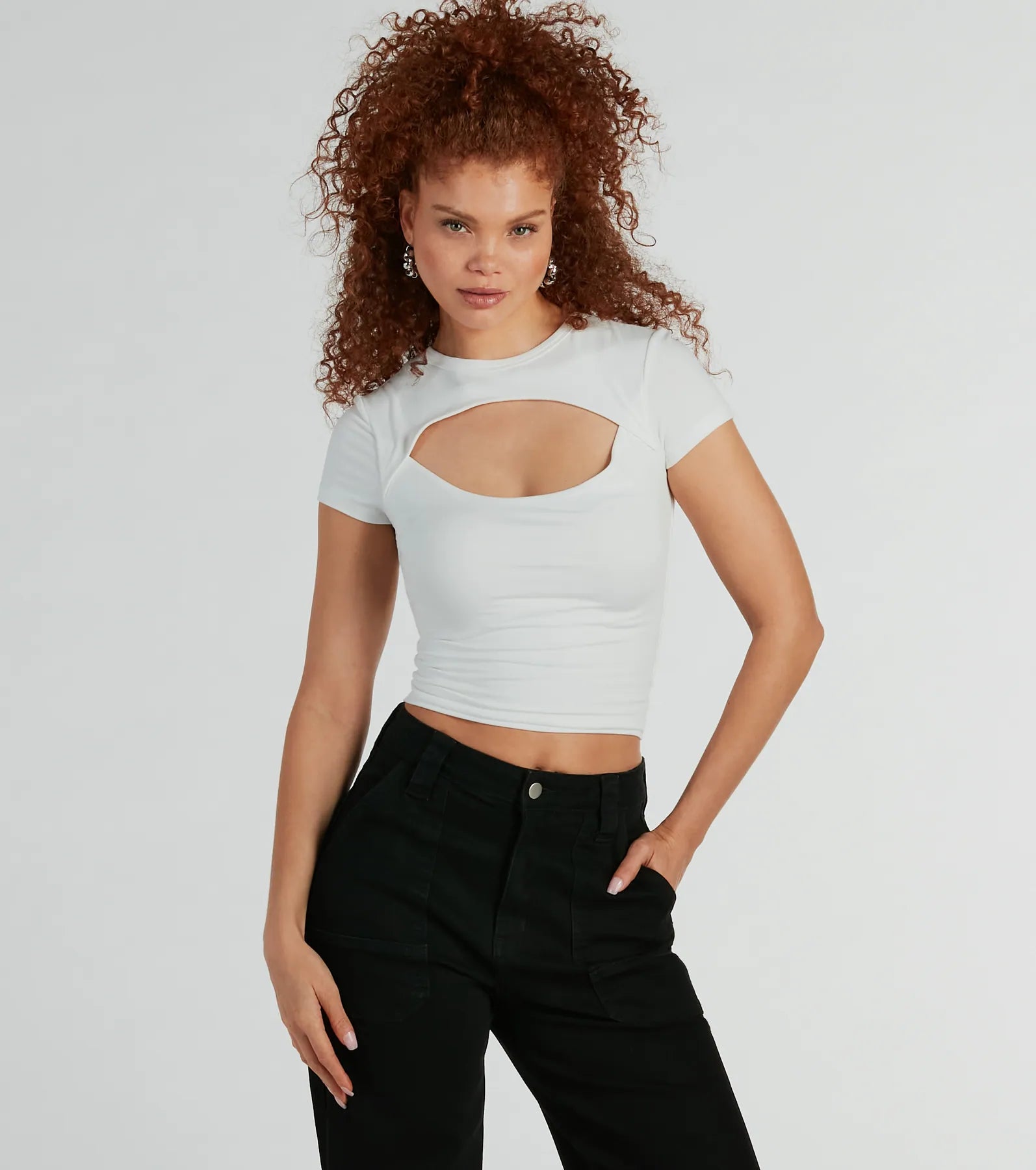 women's tops with cold-shoulder cuts and lace detailingPlayful Vibes Cutout Crew Neck Crop Top