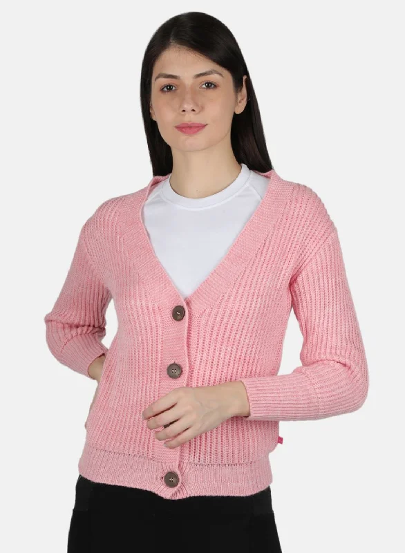 Soft Thick Cashmere SweatersWomen Pink Self Design Cardigan