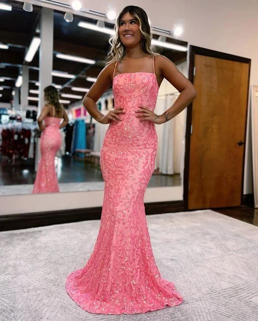 thigh-high slit prom dressesModern Pink Long Spaghetti Straps Mermaid Prom Dress with Lace Y6451