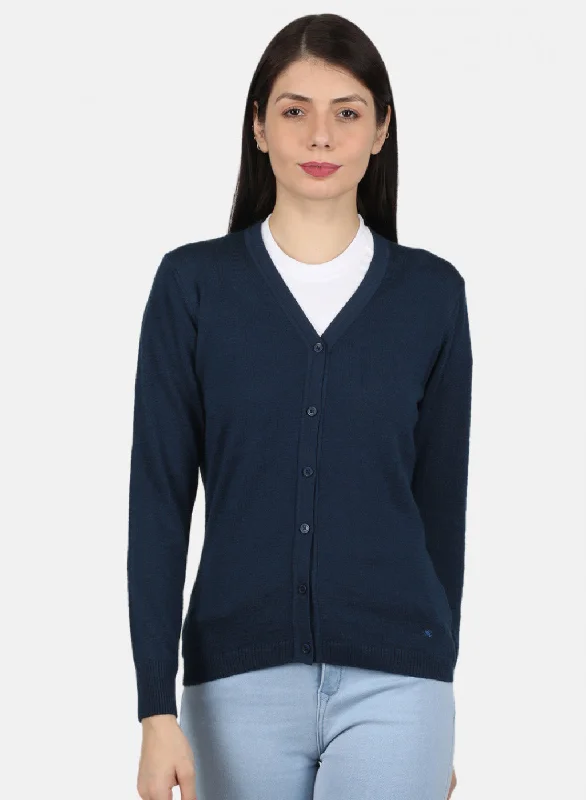 Quick-Dry Wool SweatersWomen Navy Blue Solid Cardigan