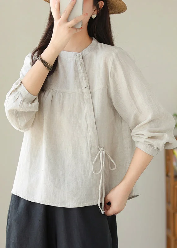 women's tops for those who want to wear pieces that are both functional and fashionableBeautiful Linen Stand Collar Lace Up Cotton Shirt Top Spring