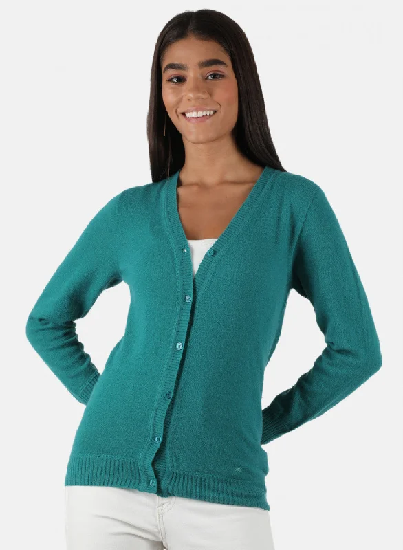 Knitted SweatersWomen Sea Green Solid Cardigan