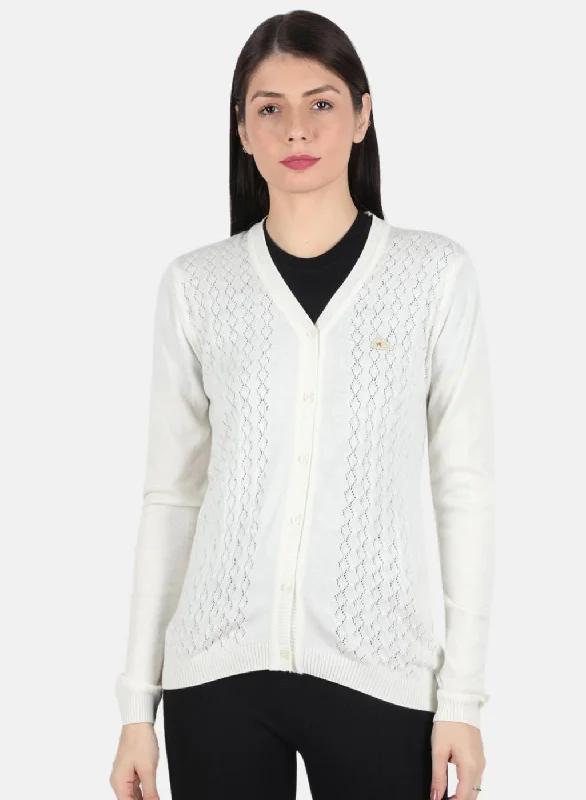 Cardigan SweatersWomen White Self Design Cardigan