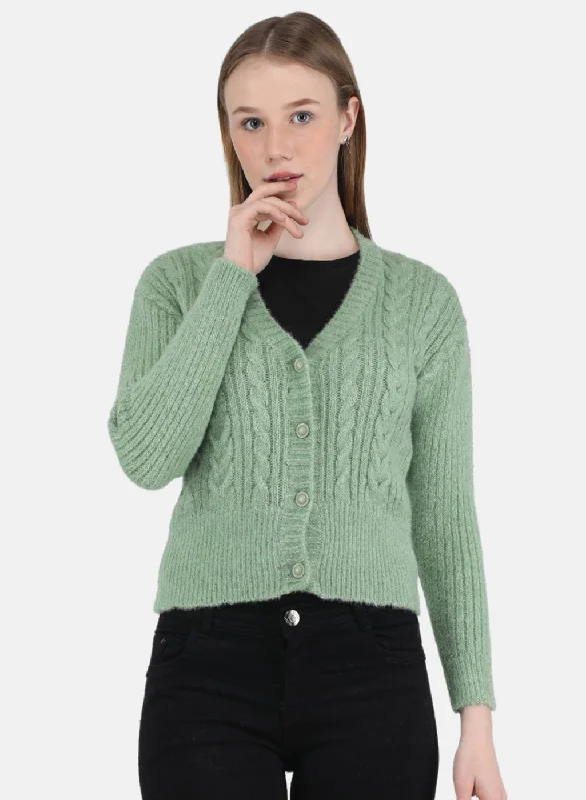 Wool SweatersWomen Light Green Self Design Cardigan