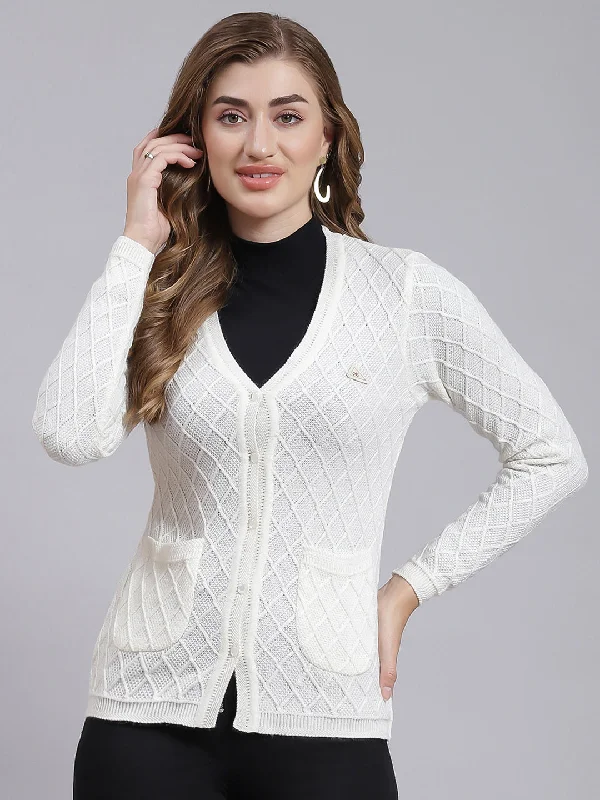 Stylish Flannel SweatersWomen White Self Design Wool blend Cardigan