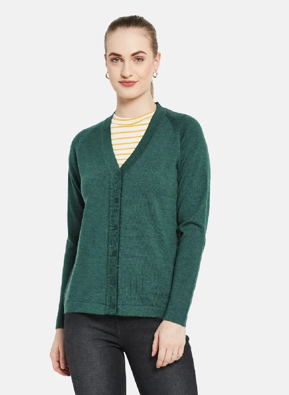 Retro Crewneck SweatersWomen Green Solid Cardigan