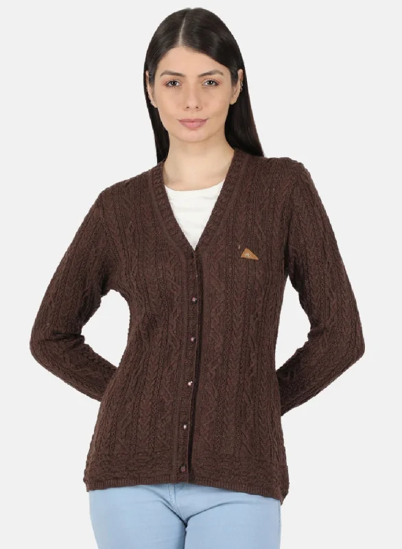 Flannel Knitted Crewneck SweatersWomen Brown Self Design Cardigan