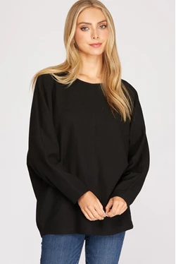 women's tops for picnics in the parkBLACK LONG BATWING SLEEVES THERMAL KNIT TOP S8SY2586A