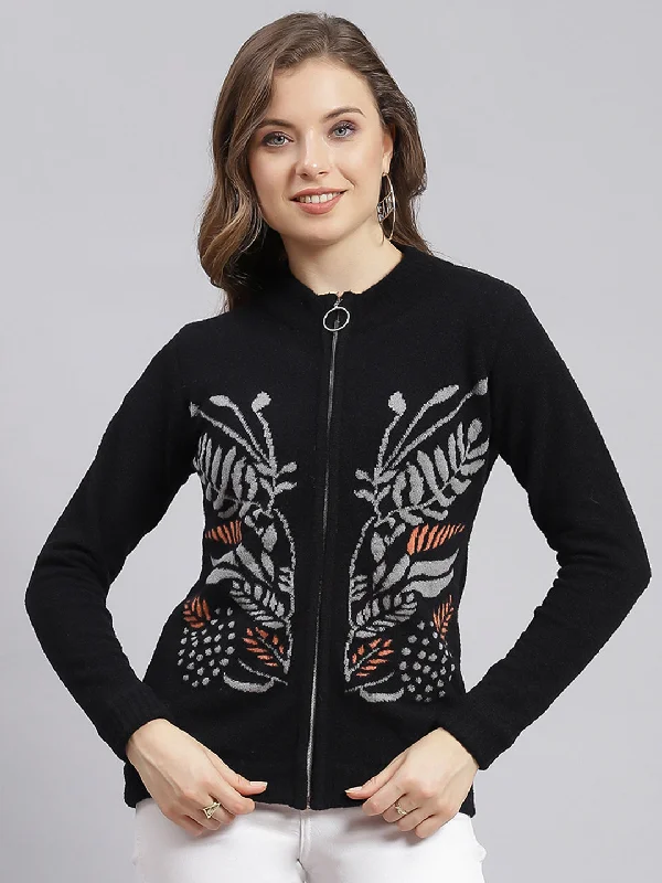 Embellished SweatersWomen Black Self Design Wool blend Cardigan