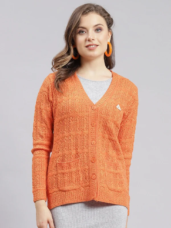 Extra-Large SweatersWomen Orange Self Design Wool blend Cardigan