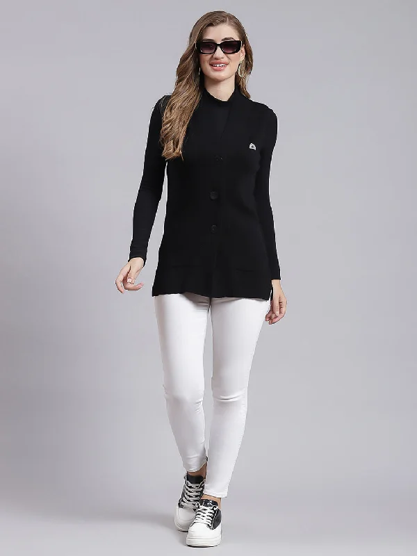 Stylish Trendy Pullover SweatersWomen Black Solid Pure wool Cardigan