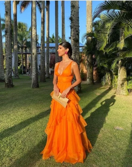 prom dress preservationOrange Long Prom Dresses,A-line V Neck Formal Dress Y6213