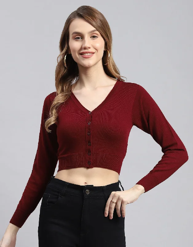 Patterned SweatersWomen Maroon Solid V Neck Full Sleeve Sweater