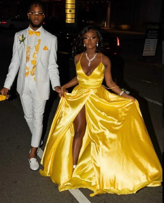 prom dresses with pocketsClassic A-line Yellow Satin Evening Dress,Yellow Prom Gown Y4227