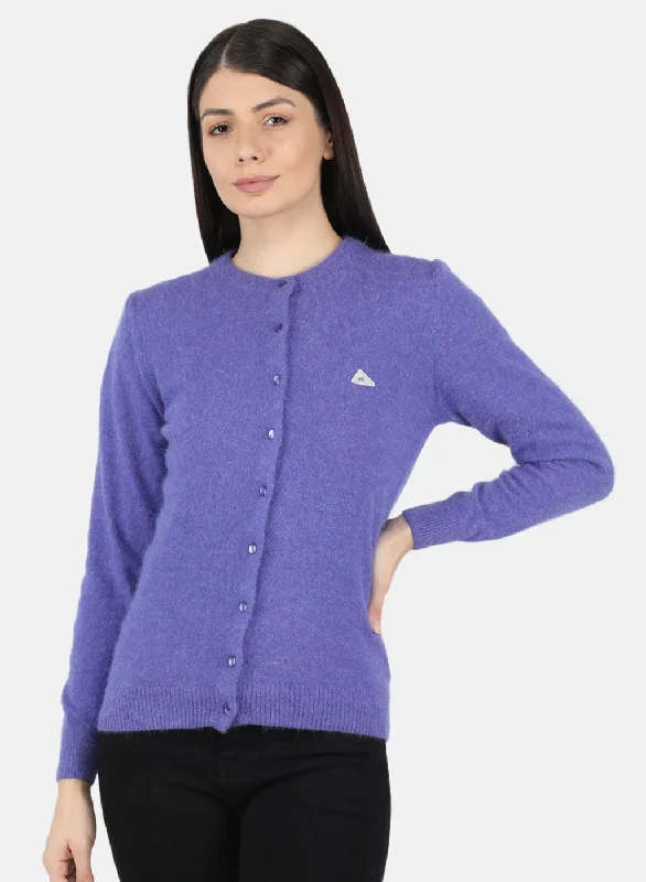 Plus-Size Flannel SweatersWomen Purple Solid Cardigan